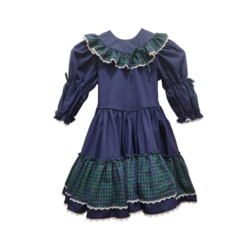 Vintage Mini World Provo Utah Girls 5 Navy Blue Lace Cottagecore Prairie Dress